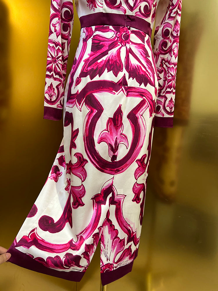 Fashion Designer Spring Summer Silk Pencil Dress Women O-Neck Long Sleeve Flowers Print Elegant Party Slim Dresses