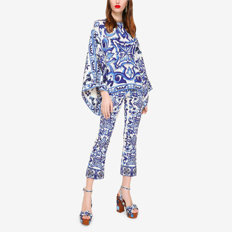 Designer Inspired“Majolica-print ”Blouse &Pant Women Suitset