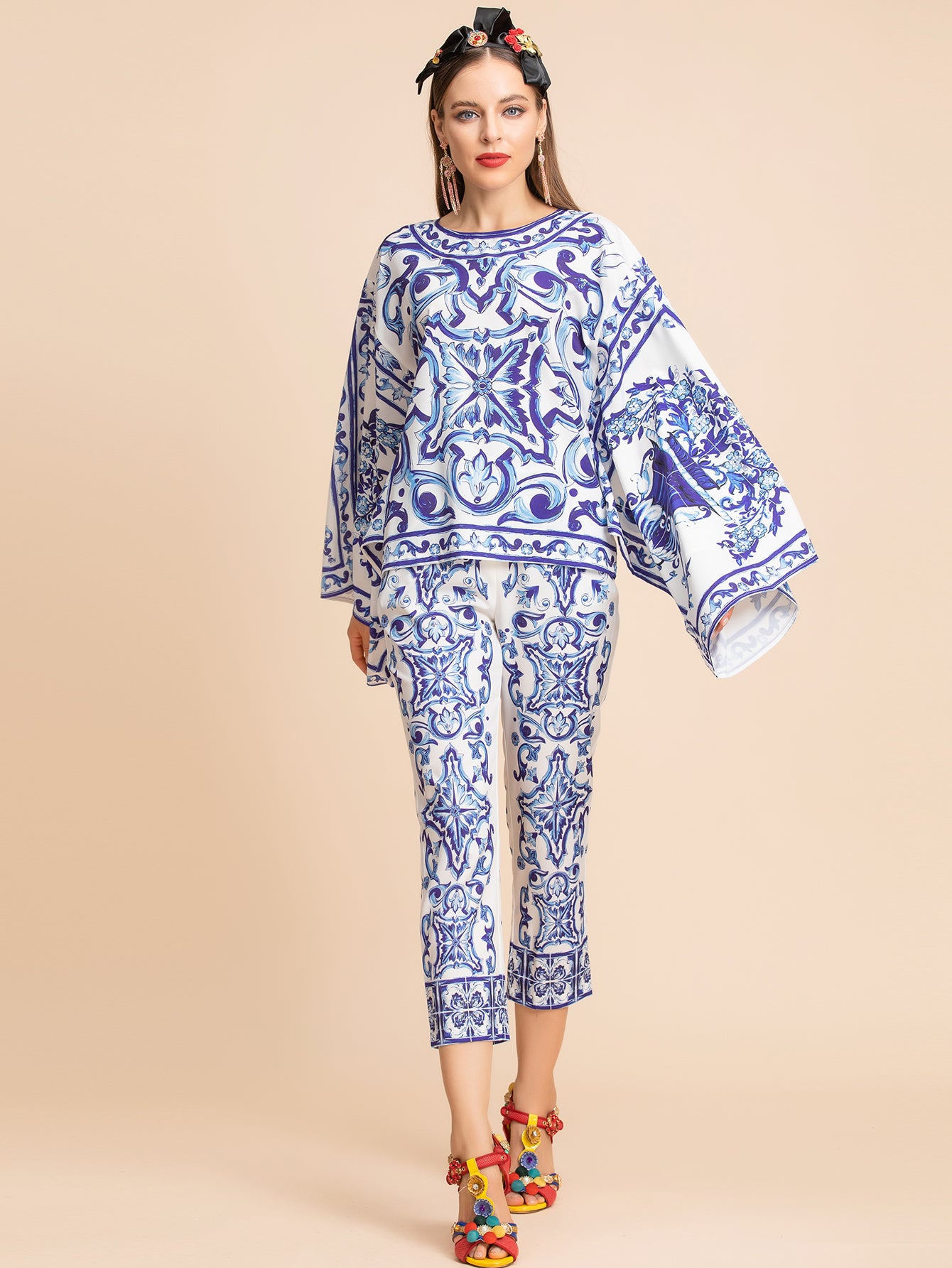 Designer Inspired“Majolica-print ”Blouse &Pant Women Suitset