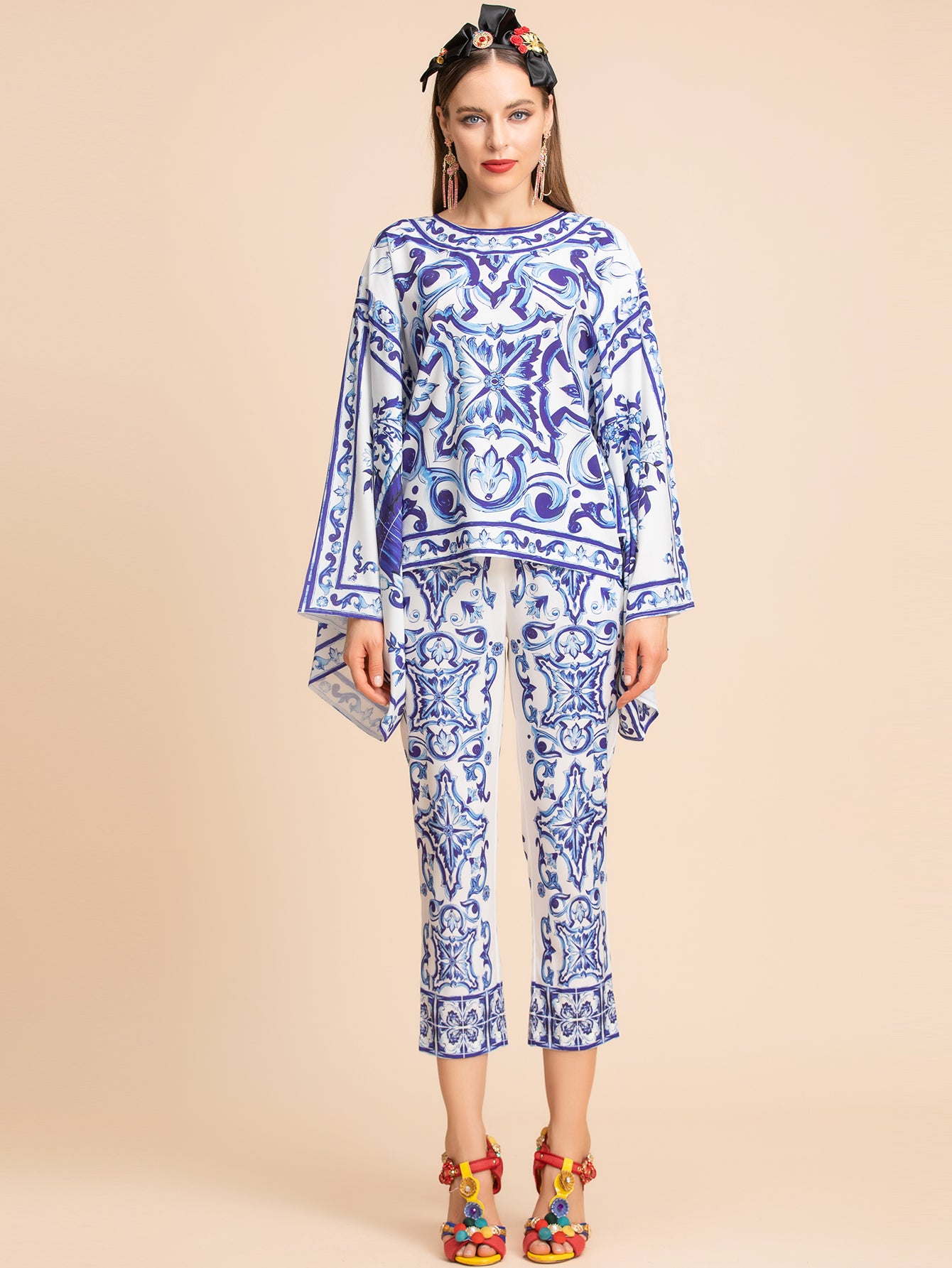 Designer Inspired“Majolica-print ”Blouse &Pant Women Suitset