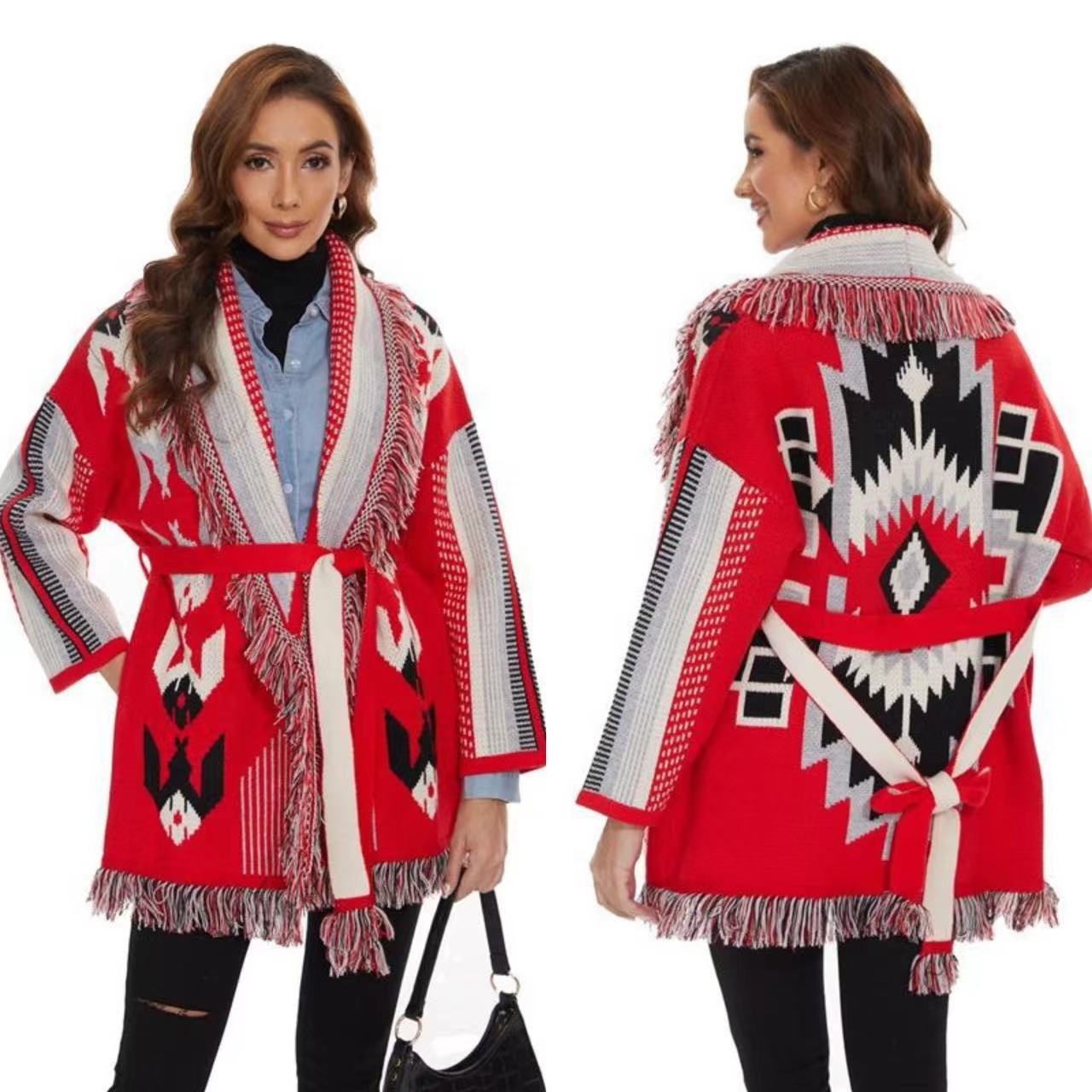 BOHO GYPSY stylish Icon Jacquard Belted Cardigan