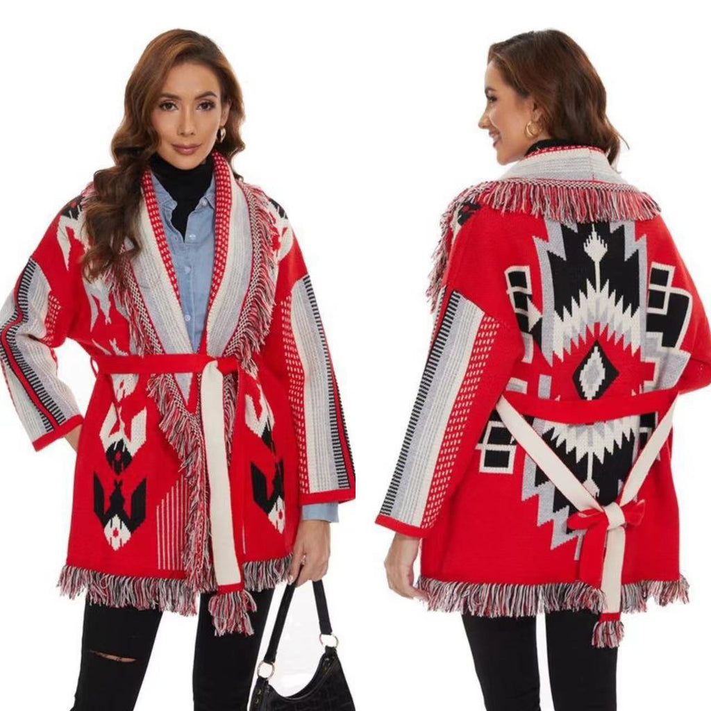 BOHO GYPSY stylish Icon Jacquard Belted Cardigan