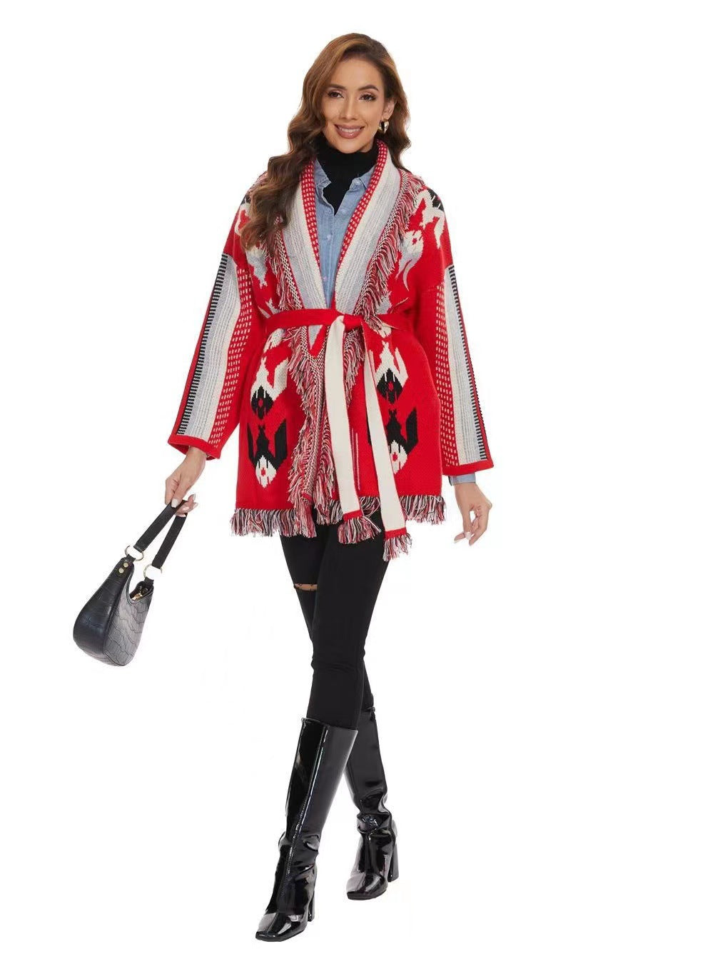 BOHO GYPSY stylish Icon Jacquard Belted Cardigan