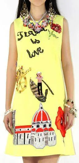 Designer Inspired Women Mini Dress Fashion Yellow Shift Dress