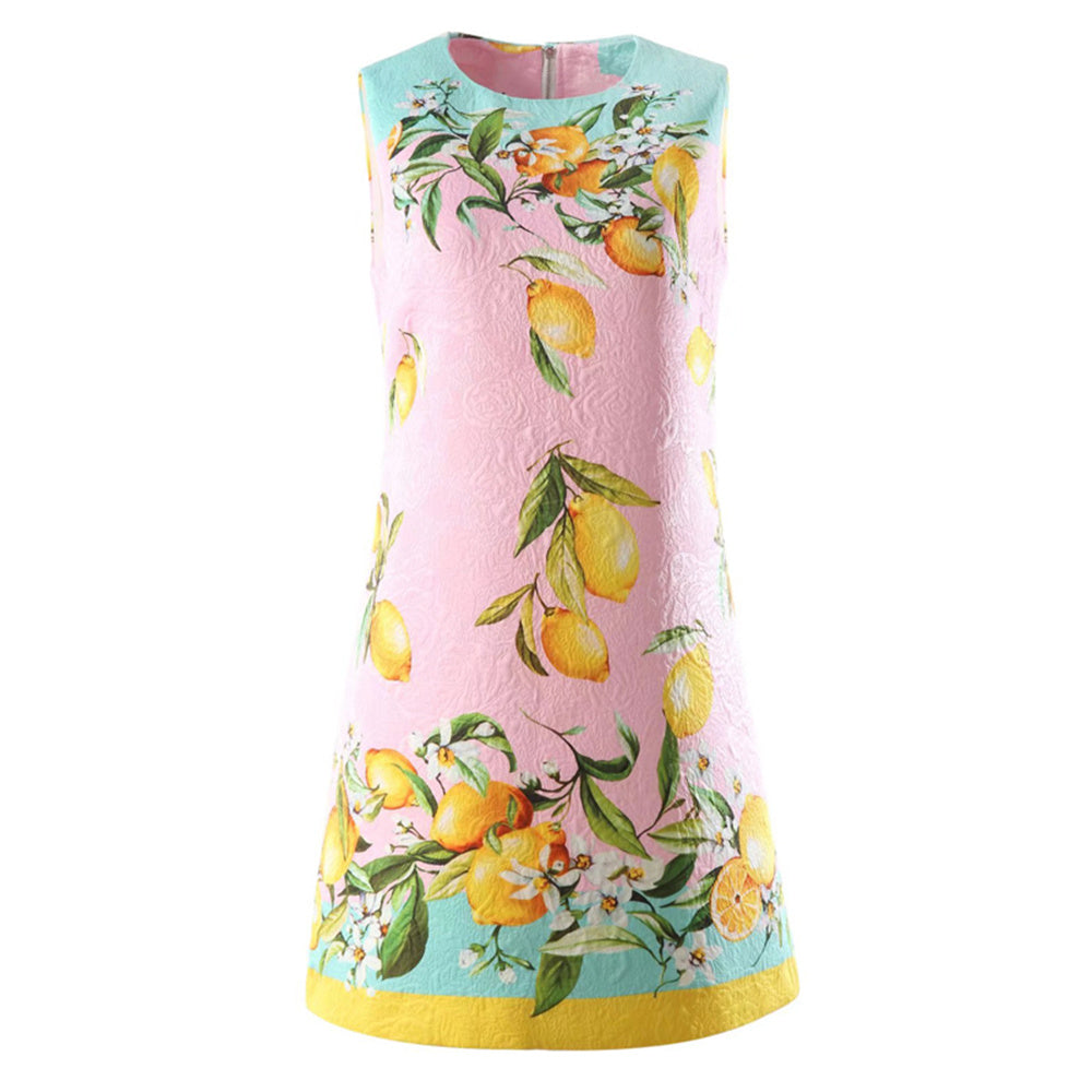 Fashion Runway Summer Mini Dress Women& Pink Lemon Printed Designer Inspired Dresses Beach Holiday Vest Loose Dress