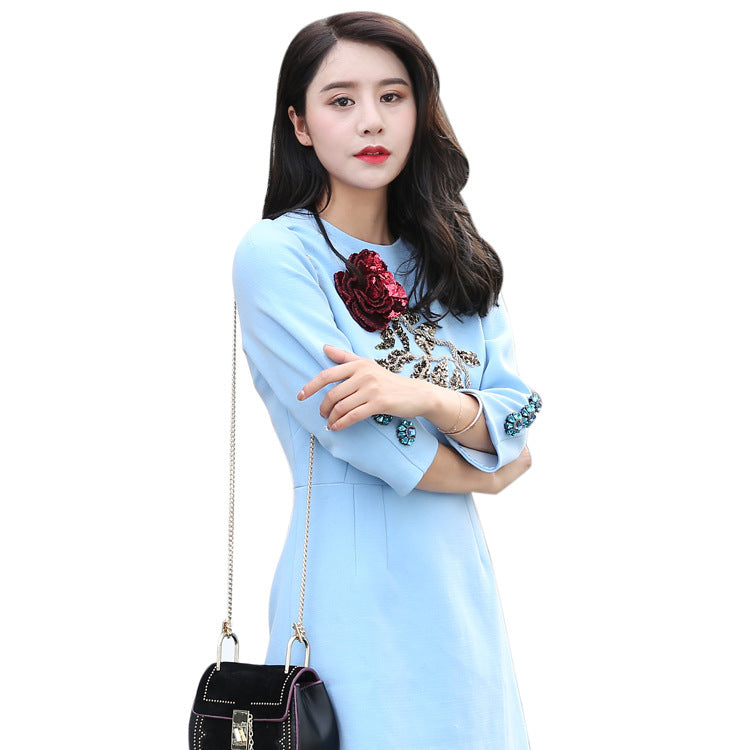 Fashion Women Mini Dress with Embroidered Paillettes Rose in Blue