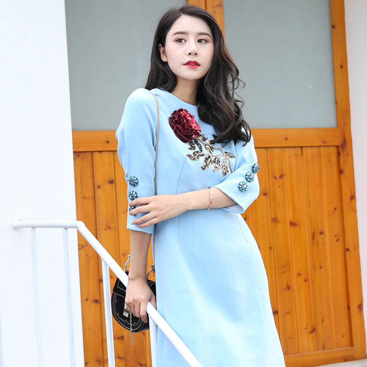 Fashion Women Mini Dress with Embroidered Paillettes Rose in Blue