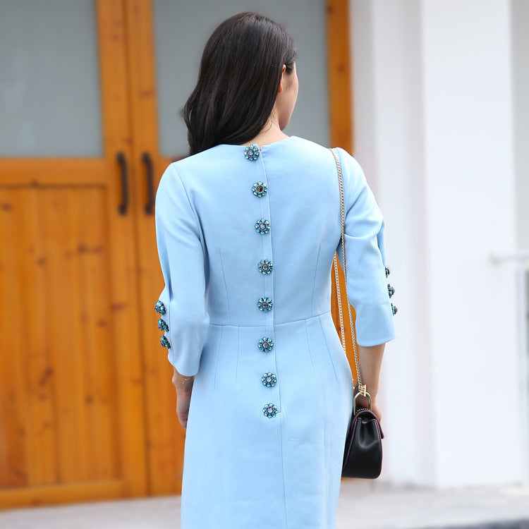 Fashion Women Mini Dress with Embroidered Paillettes Rose in Blue
