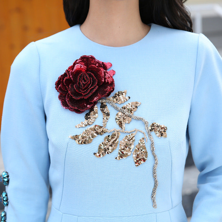 Fashion Women Mini Dress with Embroidered Paillettes Rose in Blue