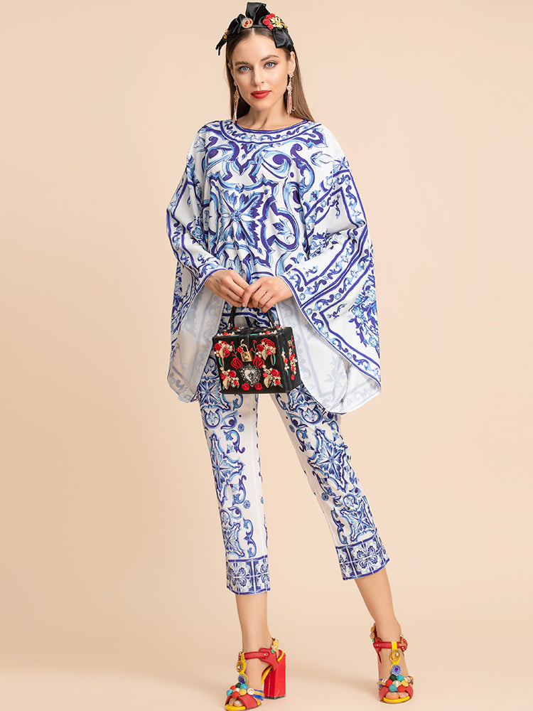 Designer Inspired“Majolica-print ”Blouse &Pant Women Suitset