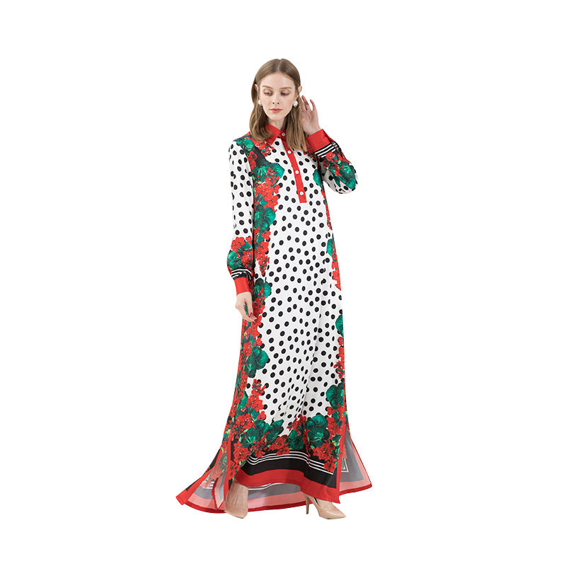 White & Black Floral “Polka Dot“ Printed Maxi Shirt Kaftan Dress