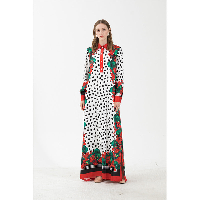 White & Black Floral “Polka Dot“ Printed Maxi Shirt Kaftan Dress