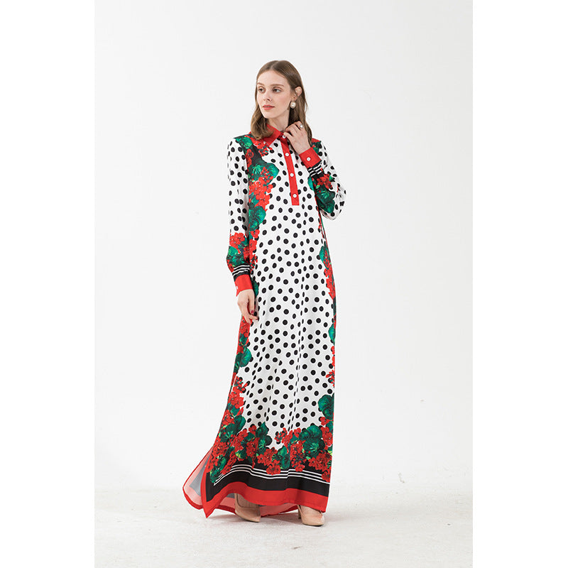 White & Black Floral “Polka Dot“ Printed Maxi Shirt Kaftan Dress