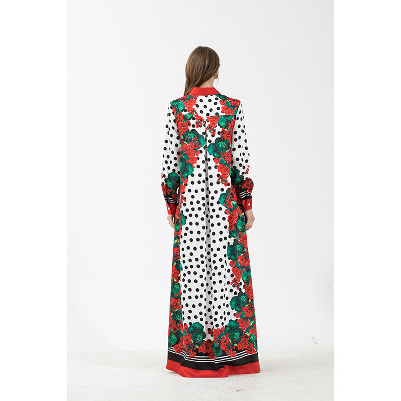 White & Black Floral “Polka Dot“ Printed Maxi Shirt Kaftan Dress