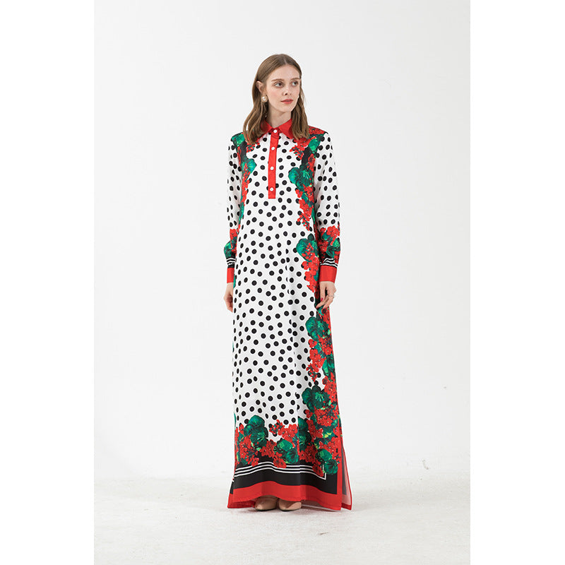 White & Black Floral “Polka Dot“ Printed Maxi Shirt Kaftan Dress