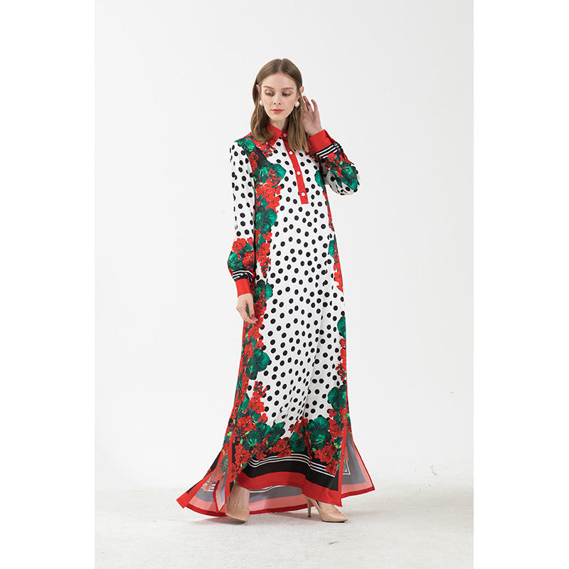 White & Black Floral “Polka Dot“ Printed Maxi Shirt Kaftan Dress