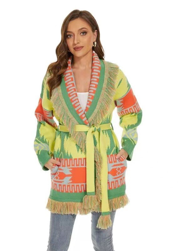 Fashion Bohemian/BOHO Stylish Multicolour Icon Knitted Belted Cardigan