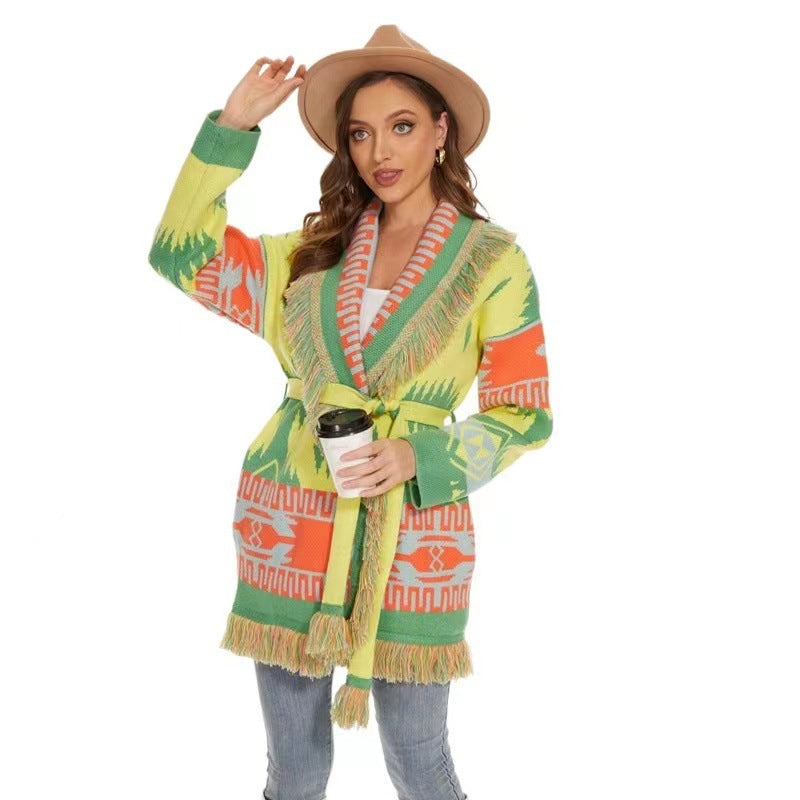 Fashion Bohemian/BOHO Stylish Multicolour Icon Knitted Belted Cardigan
