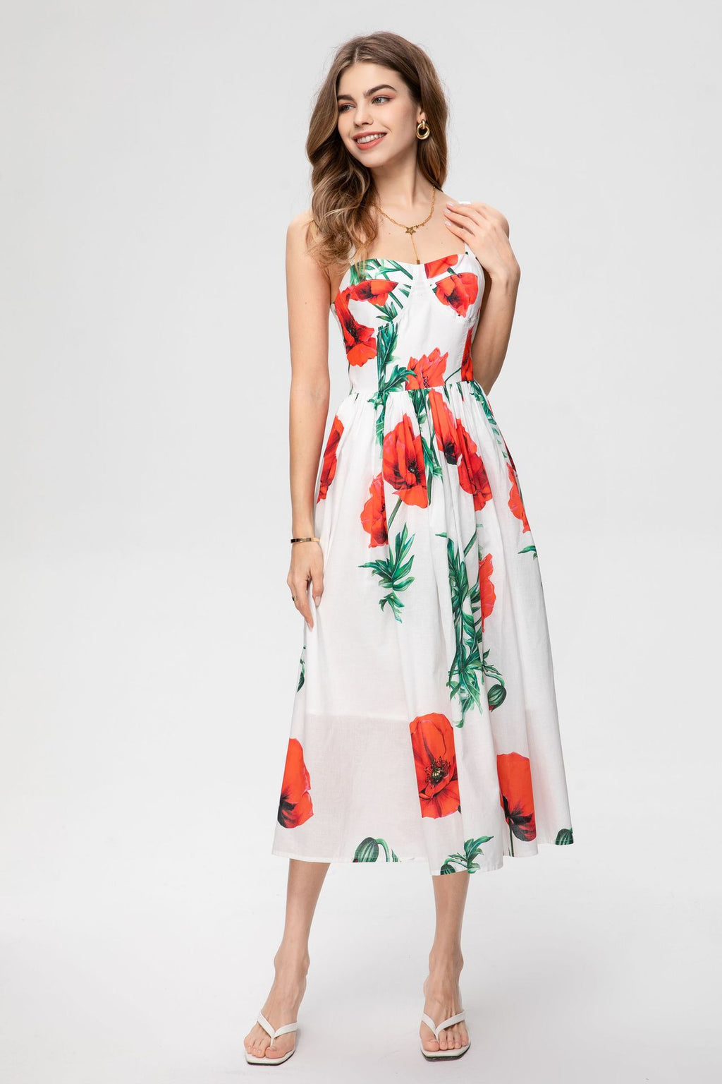 Summer Women Sexy Spaghetti Strap Carnation-Printed Midi Dress Vacation Party Elegant Dress from designer inspired runway fashion